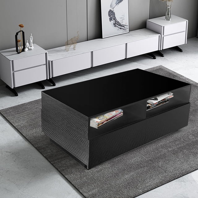 Coffee Table with 4 Storage Drawers and LED Light, OffWhite/Black — free download