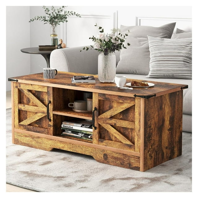 Coffee Table with Barn Doors,Farmhouse Center Table with Storage,Modern