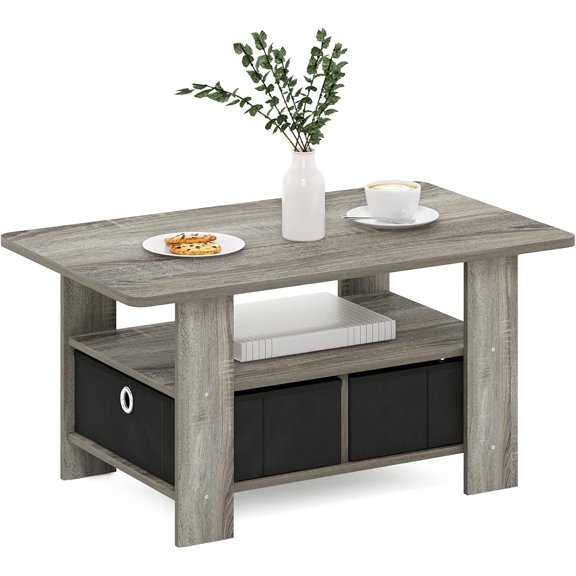 Coffee Table with Bin Drawer, French Oak Grey / Black
