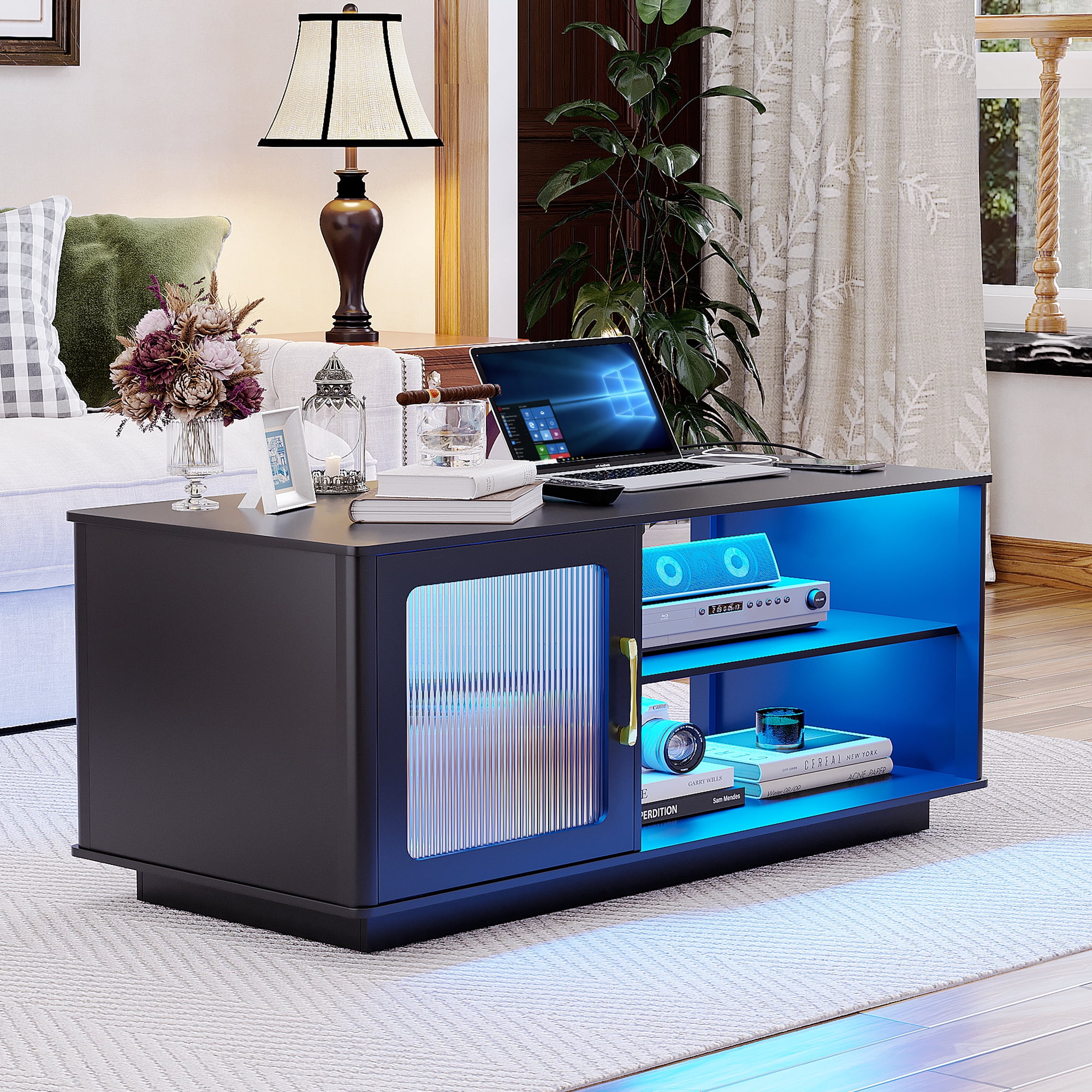 Coffee Table with Charging Station, 3 Color Dimmabl Dining Table with ...