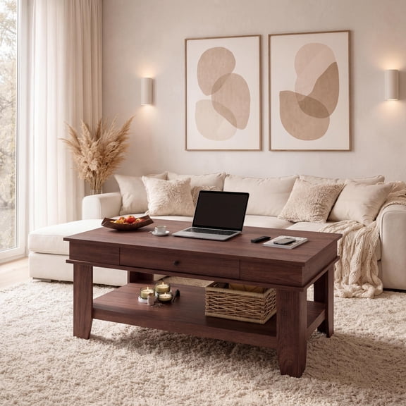 Coffee Table with Drawer, 47.2" Center Table with Storage Shelf, Farmhouse Coffee Tables Long Living Room Furniture, Sturdy and Easy to Clean