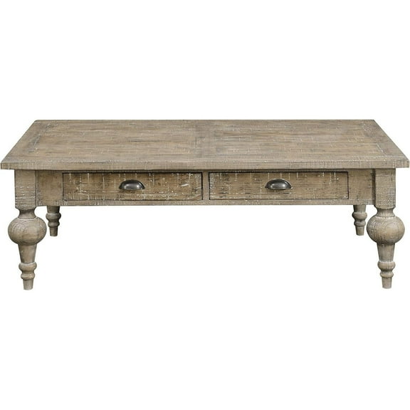 Coffee Table with Drawers, Limestone Gray, Plank Top & Turned Legs - 52 Inch