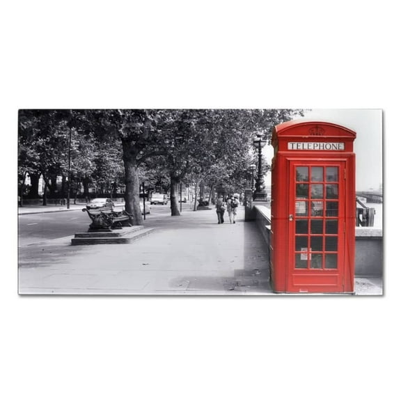 Coffee Table with Glass Top, 35.4" Rectangular Living Room Table, Telephone Booth Print, Modern Black Metal Frame, Easy to Clean, Stable Side Table