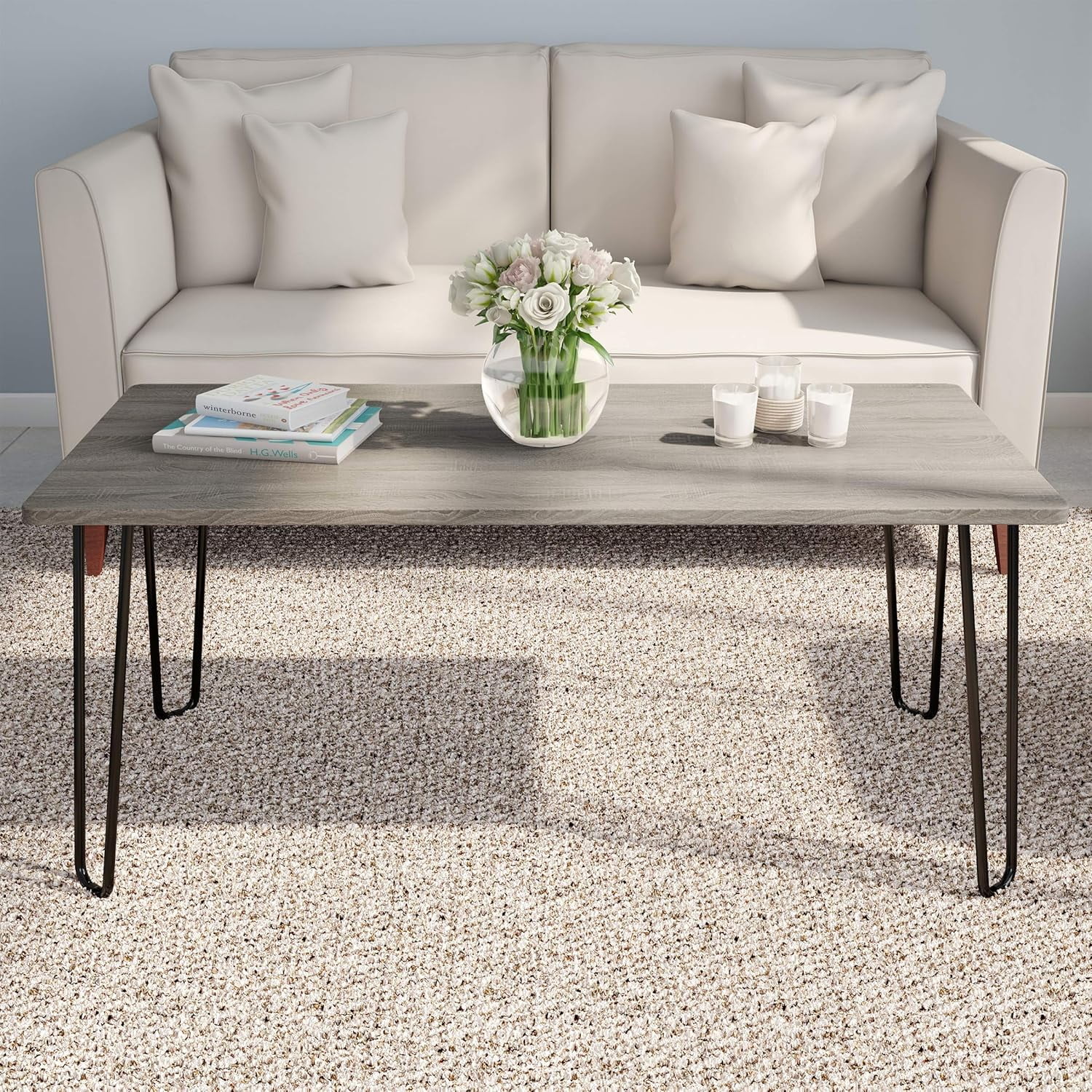Gray Woodgrain Coffee Table with Black Hairpin Legs, 41"