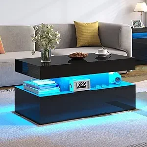 VanAcc Coffee Table with LED Light, Modern High Gloss Finish Center Table with 2-Tier Storage Space, Coffee Table for Living Room, Office, Black