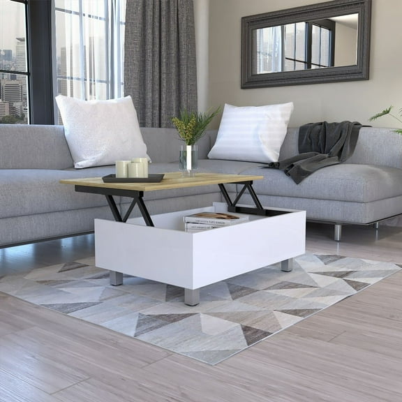 Coffee Table with Lift Top and Concealed Storage in White/Light Oak