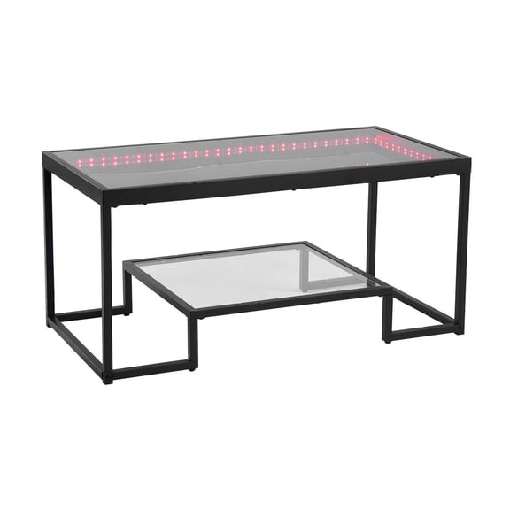 Coffee Table with Lighting, Tempered Glass Coffee Table 2 Tier, Modern Rectangle Center Table with Open Storage, Metal Frame Living Room End Table
