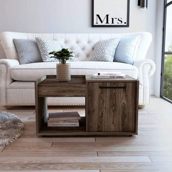 Coffee Table with One Open Shelf and Single Door Cabinet in Dark Walnut