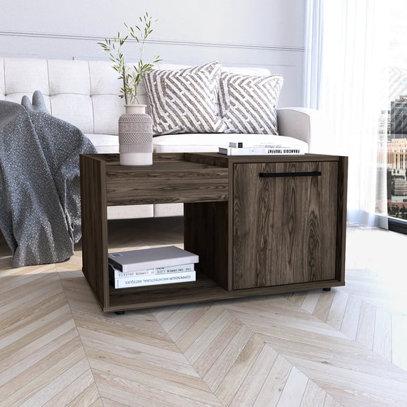Coffee Table with Open Shelf and Single Door Cabinet for Tucking Away Items in Bedroom