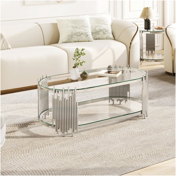 Coffee Table with Organ Pipe Style Stainless Steel Base, 47 Inch Oval 2 ...