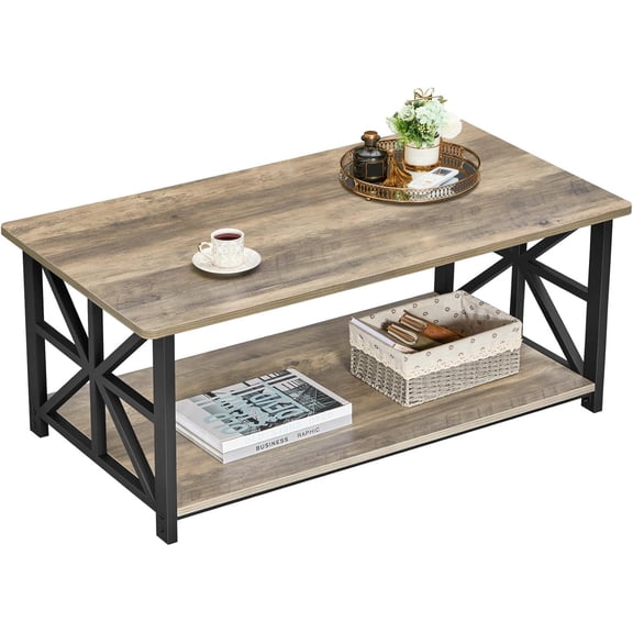 Coffee Table with Round Corners and Storage Shelf Gray Wash Rectangle Style