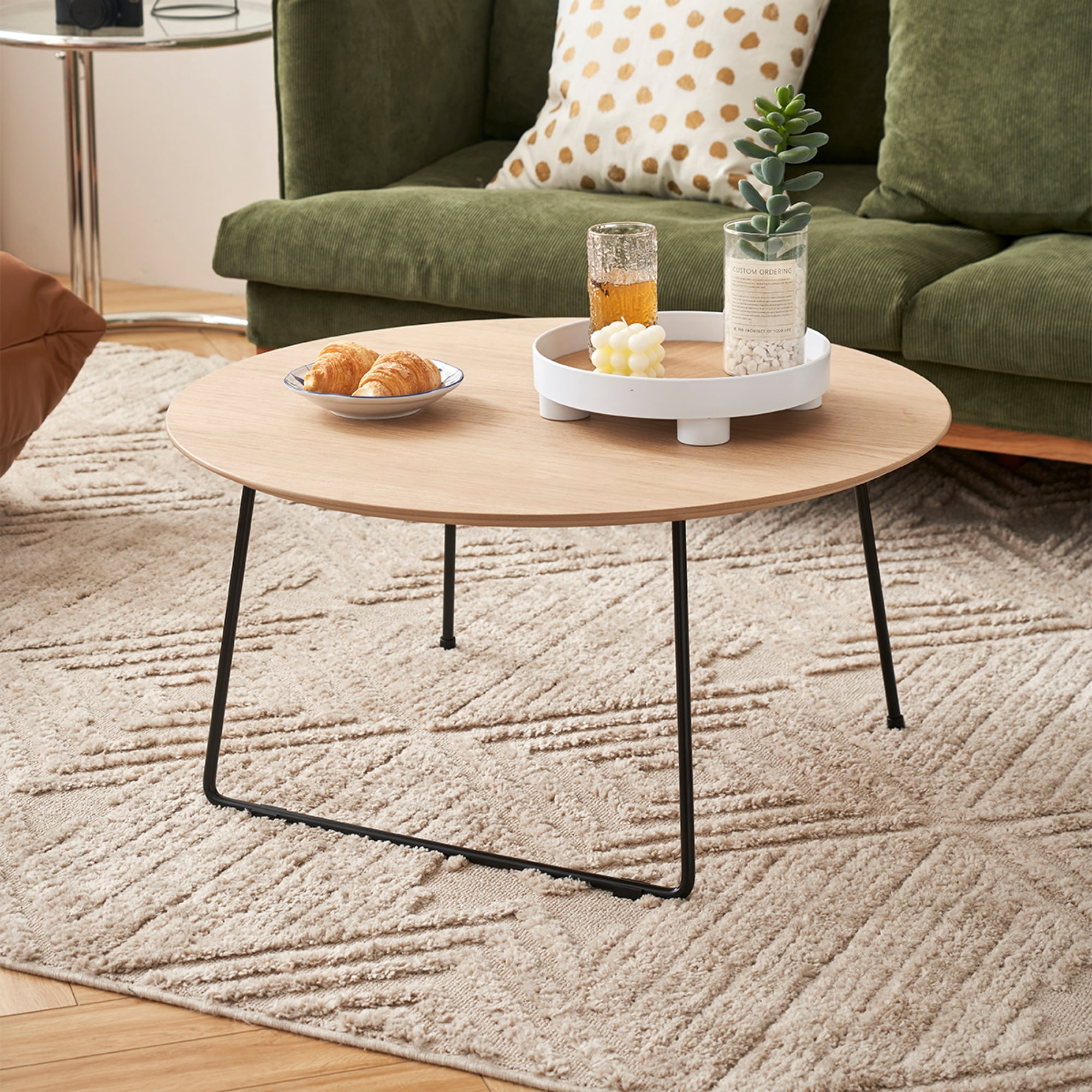 Coffee Table with Round Wood Design and Oak Veneer, Modern Center Table and Side Table with Carbon Steel Legs for Living Room, Acacia Wood