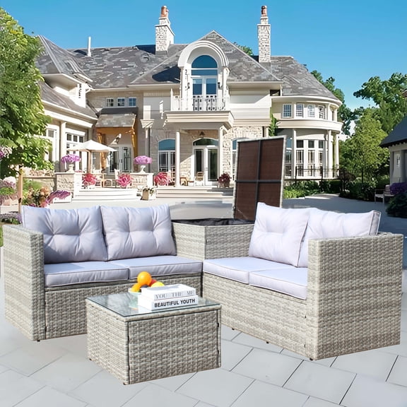 Coffee Table with Sectional and 4 Piece Grey Rattan, Outdoor