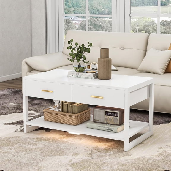 Coffee Table with Sensor Light - Modern Storage Coffee Table with Drawers and Shelf for Living Room, Office, Outdoor