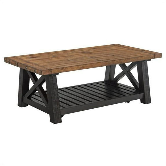 Coffee Table with Slatted Shelf & X Legs, Brown & Black