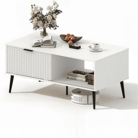 Coffee Table with Sliding Door&Solid Wood Legs,2 Tier Mid Century Modern Coffee Table for Living Room, Home Office