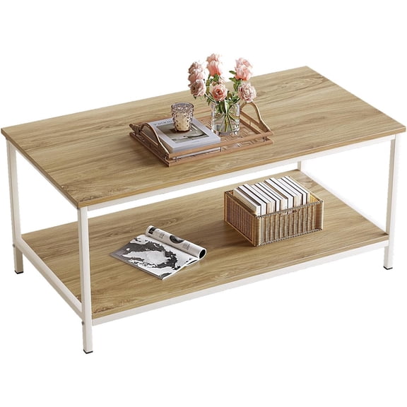 Coffee Table with Storage 2-Tier Industrial Center Table for Living Room, Rectangle Wood Table for Small Spaces Apartment Home Office, Oak White