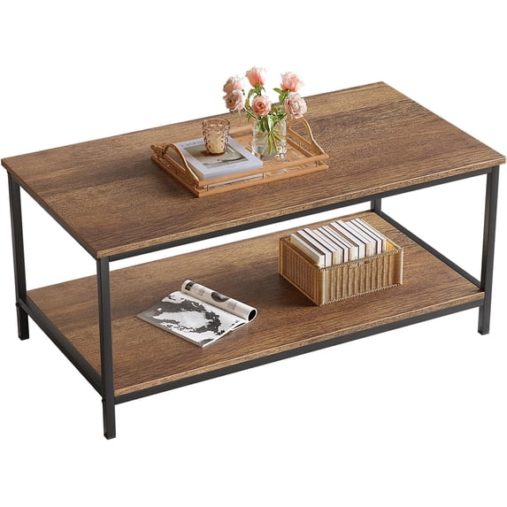 Coffee Table with Storage 2-Tier Industrial Center Table for Living Room, Rectangle Wood Table for Small Spaces Apartment Home Office, Walnut