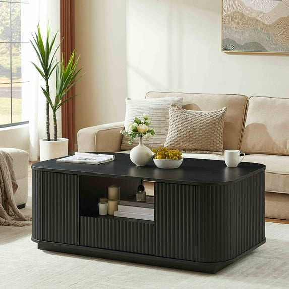 Coffee Table with Storage, 46.5" Mid Century Modern Coffee Tables, Curved Contour Design, Rectangle Wood Center Table with Drawer for Living Room