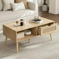 thumbnail image 1 of Coffee Table with Storage, Boho Dining Table with Rattan Drawer and Solid Wood Legs, Small Coffee Tables for Living Room, Oak, 1 of 7