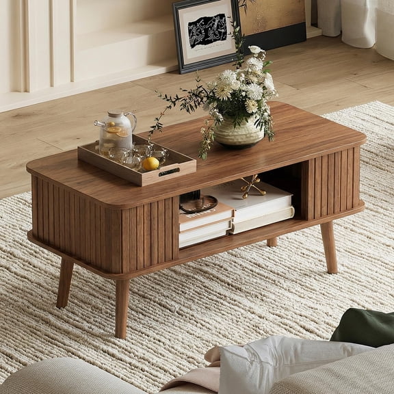 Coffee Table with Storage Center Table for Living Room Rectangle Coffee Table with Rounded Edges,Easy Assembly, Walnut