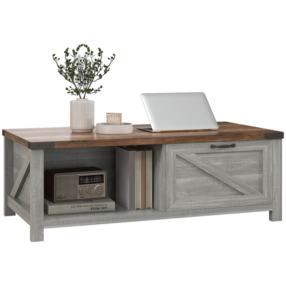 Coffee Table with Storage, Farmhouse Living Room Table, Distressed Gray, Barn Door Design