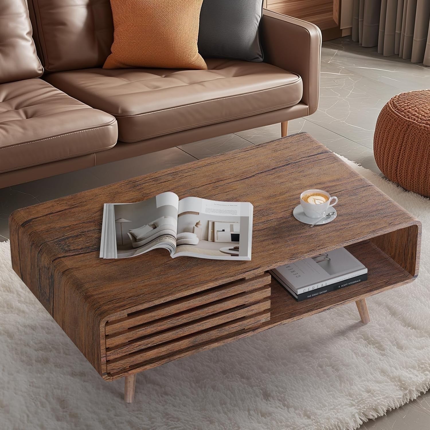 Woodty Farmhouse Wooden Storage Coffee Table, Hidden Compartment & Easy Assembly, Living Room & Home Office, Natural Finish