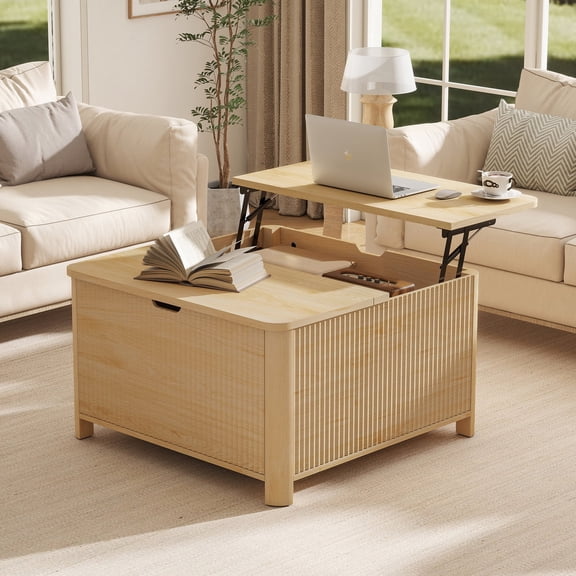 Coffee Table with Storage, Lift Top Coffee Table Square, Modern Wood Center Table for Living Room, 31.5"D x 31.5"W x 18.5"H, Nature