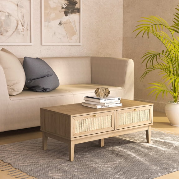 Coffee Table with Storage, Living Room Accent Table, Wood & Rattan Mix