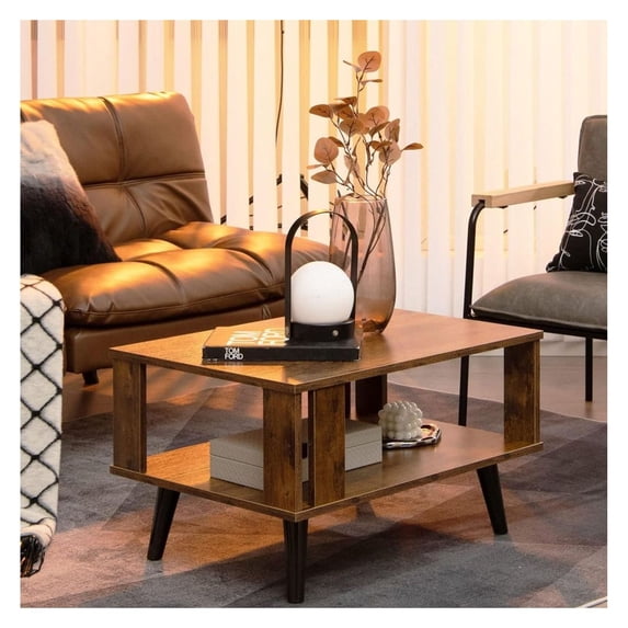 Coffee Table with Storage, Mid-Century Modern Living Room Table, Rustic Brown