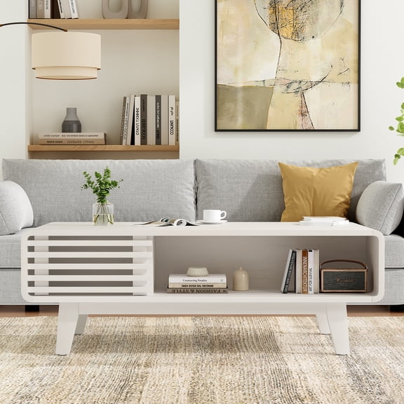 Coffee Table with Storage, Mid-Century Modern Wood Farmhouse Table for Living Room