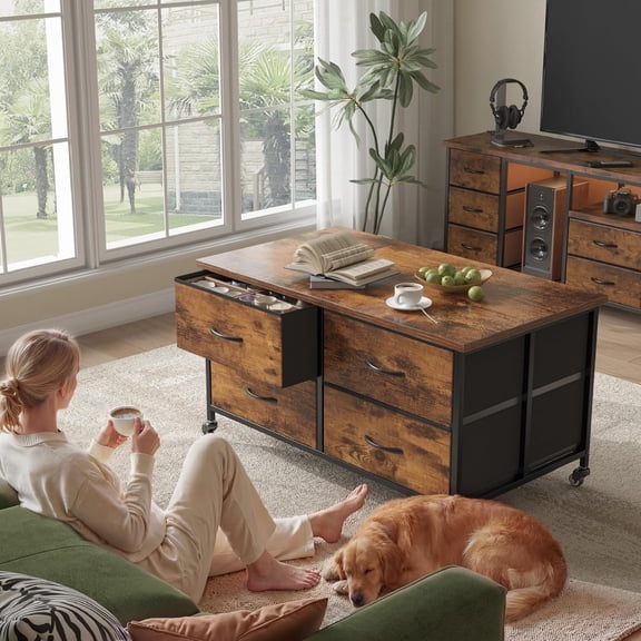 Coffee Table with Storage, Modern Center Table with 4 Wheels and Fabric Drawer for Living Room Bedroom Office Rustic Brown