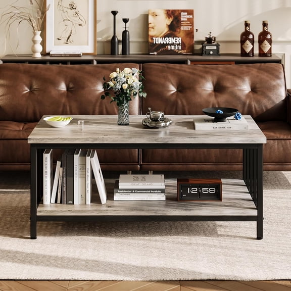 Coffee Table with Storage, Modern Farmhouse Grey Wash Living Room Table with 2-Tier Shelf and Metal Frame