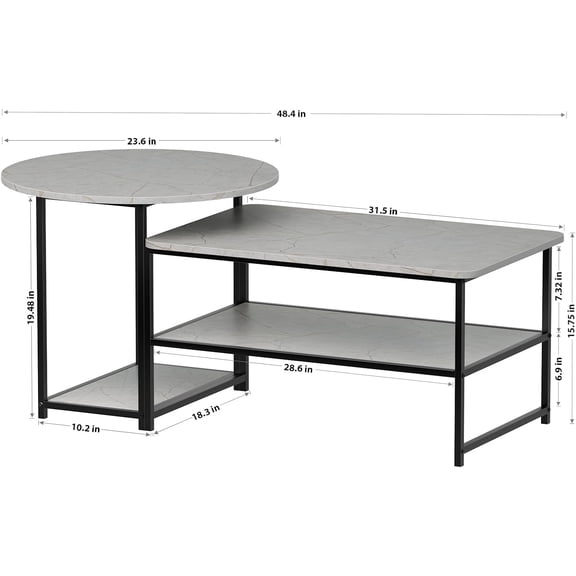Modern Grey Marble Coffee Table Set with Storage, 2-in-1 Detachable Nesting Tables for Living Room