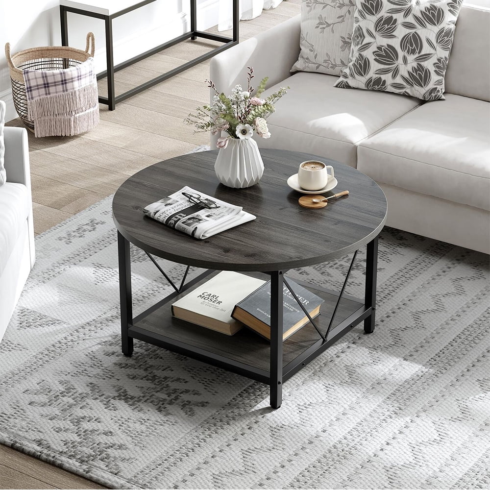 Coffee Table with Storage Open Shelf, Round Wood Coffee Table 2 Tier Solid Wood Circle Coffee ...