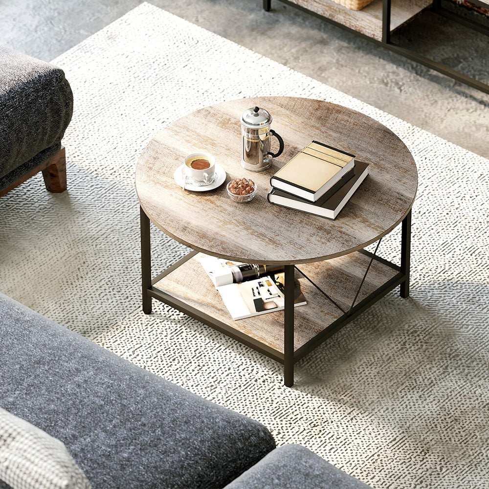 Coffee Table with Storage Open Shelf, Round Wood Coffee Table 2 Tier Solid Wood Circle Coffee ...