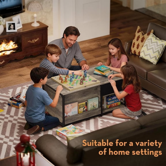 Coffee Table with Storage, Rectangular Farmhouse Grey Wash Hidden Compartment Adjustable Shelves for Living Room Small Spaces