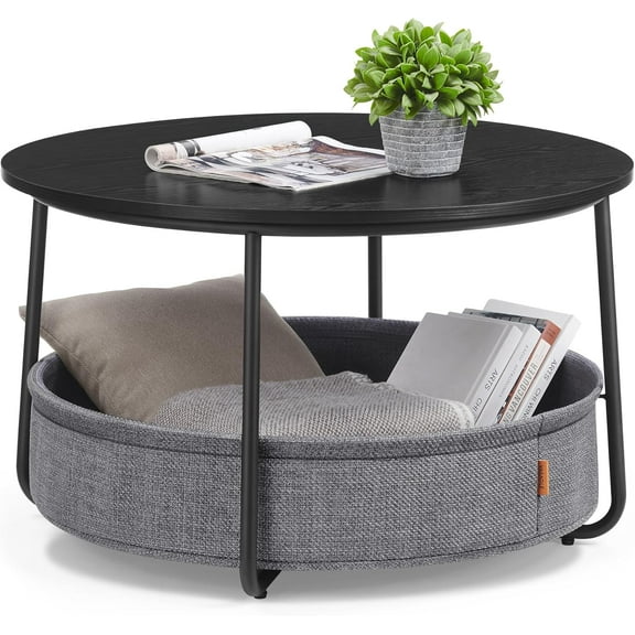 Coffee Table with Storage, Round Center Table for Living Room with Fabric Basket, Modern Style, Metal Frame, Ink Black and Slate Gray