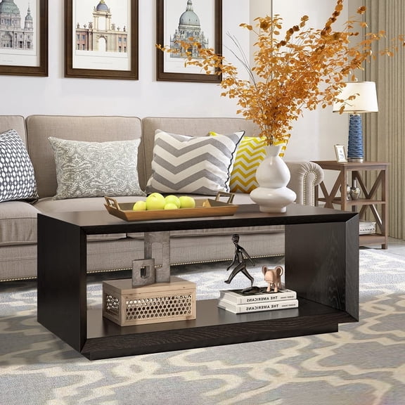 Coffee Table with Storage Shelf, Modern Rectangle Cocktail Table, Wood Center Table for Living Room (Black)