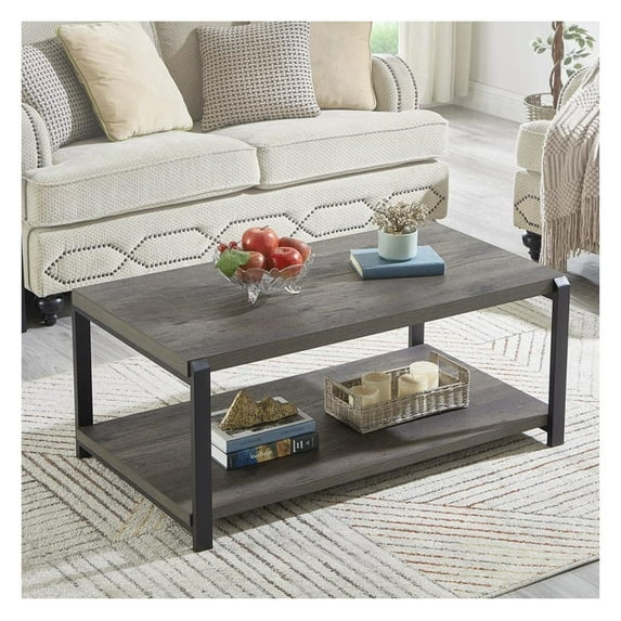 Coffee Table with Storage Shelf,Rustic Wood and Metal Cocktail Table for Living Room,Grey