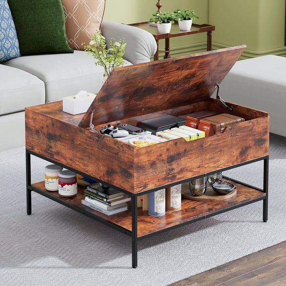 Coffee Table with Storage, Square Coffee Table with Display Shelf and Hidden Compartment, Retro Central Table with Flip-Top Lid,for Living Room