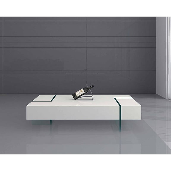 Coffee Table with White Lacquer Wood Top and 15mm thick Glass Legs