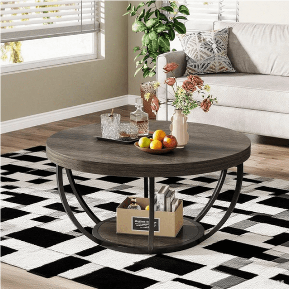 Modern Round Coffee Table with Storage Shelf, Rustic Wood Living Room Center Table with Metal Frame for Apartment, Small Space & Home Decor