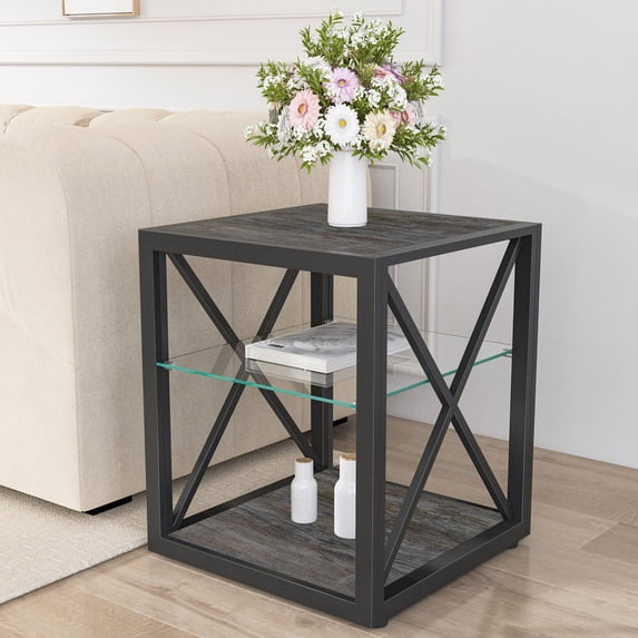 Coffee Tables 1 piece Modern End Table Nightstand for Bedroom & Living Room, Tempered Glass& Rustic Wood Grain MDF, Industrial Style Side Table,Wooden Coffee Tables