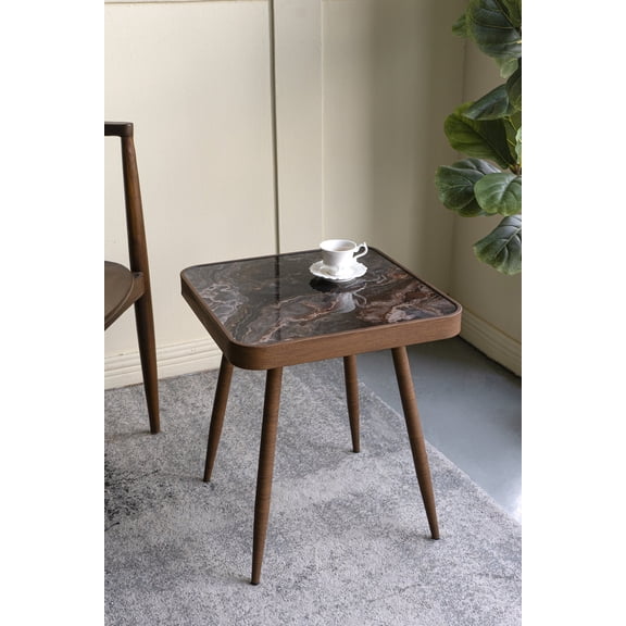 Coffee Tables 17.3x17.3x18" Square Side Table with Glass Top, Marbled Design, and Gold Iron Legs,Coffee Tables With Storage