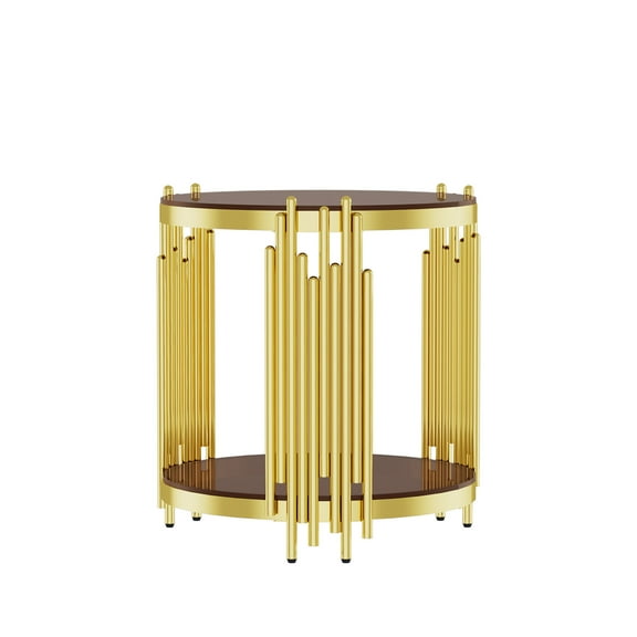 Coffee Tables 19.69inch Modern Luxury Gold End Table for Living Room, Stainless Steel Leg Round 8mm Brown Tempered Glass Sofa Side Table,Wooden Coffee Tables