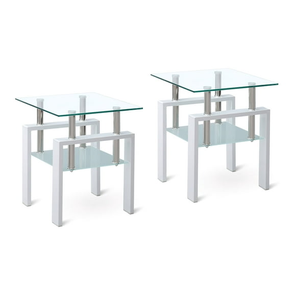 Coffee Tables 2 pieces White Tempered Clear Glass End Table, 2-Layers Small Table with Storage, Living Room Side Table,Wooden Coffee Tables