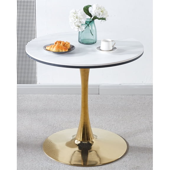 Coffee Tables 31.5"GOLDEN AND WHITE Tulip Table Mid-century Dining Table for 2-4 people With Round Mdf Table Top, Pedestal Dining Table, End Table Leisure Coffee Table,ceramic and MDF top,Wooden Coff