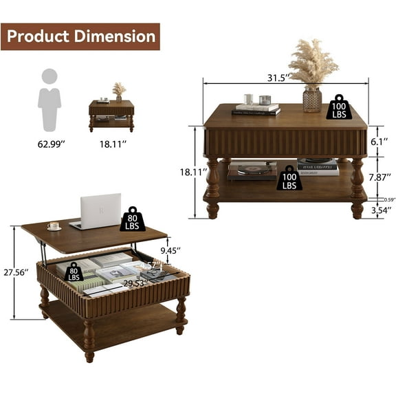 Coffee Tables 31.5 Inch Square Fluted Lift-Top Coffee Table with Hidden & Open Storage, Hydraulic Raising Mechanism, Retro Solid Wood Legs for Living Room, Sofa (Walnut),Coffee Tables With Storage