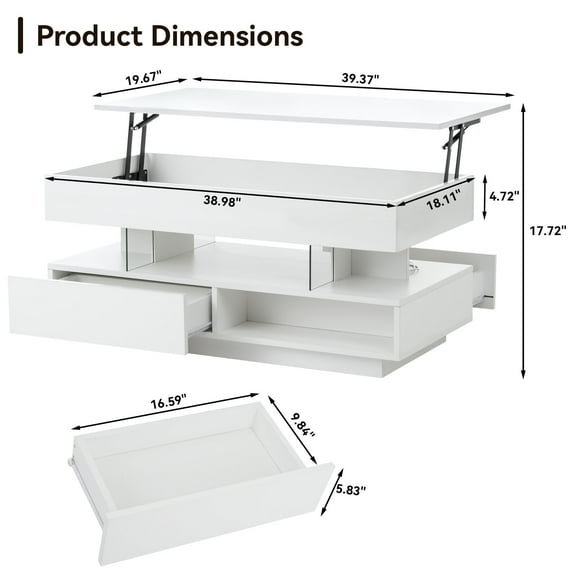 Coffee Tables 39.3" Lift Top Coffee Table with Hidden Compartment, 2 Storage Drawers and Ajustable LED Lights,Modern Multifunction Coffee Tables for Living Room, Bedroom,Office,Coffee Tables With Sto